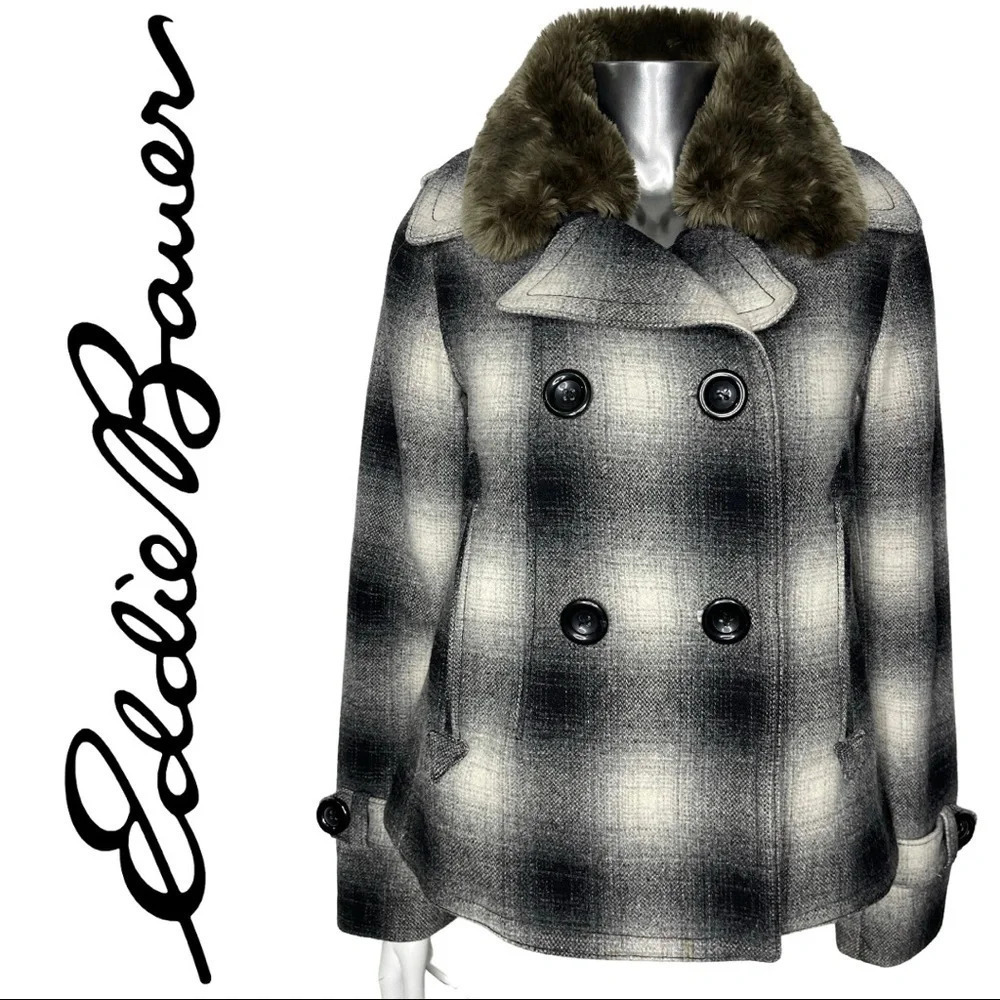Eddie Bauer Pea Coat Wool Blend Plaid Coat Removable Faux Fur Collar Size XS